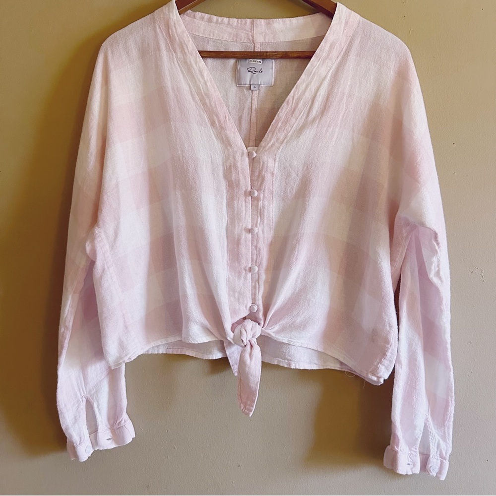 Rails Pink and White Plaid Button Tie Front Top
